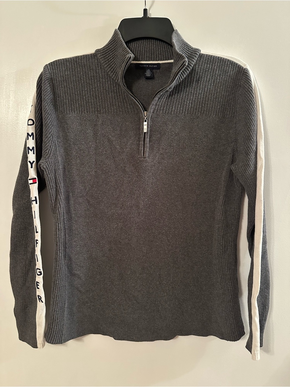 Tommy Hilfiger Men's Charcoal Gray Half-Zip Sweater with White Sleeve Stripes